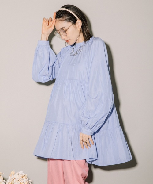 MHBG TOKYO（エムエイチビージートーキョー）の「先染めストライプボリュームスリーブティアードBL（シャツ/ブラウス・レディース・ネイビー/ライトブルー・MEDIUM）」の3枚目の写真