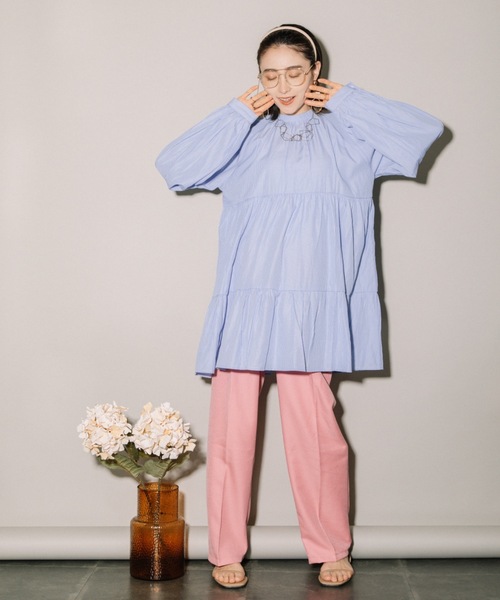 MHBG TOKYO（エムエイチビージートーキョー）の「先染めストライプボリュームスリーブティアードBL（シャツ/ブラウス・レディース・ネイビー/ライトブルー・MEDIUM）」の6枚目の写真