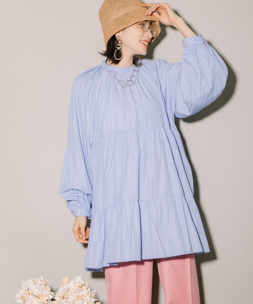 MHBG TOKYO（エムエイチビージートーキョー）の「先染めストライプボリュームスリーブティアードBL（シャツ/ブラウス・レディース・ネイビー/ライトブルー・MEDIUM）」の9枚目の写真