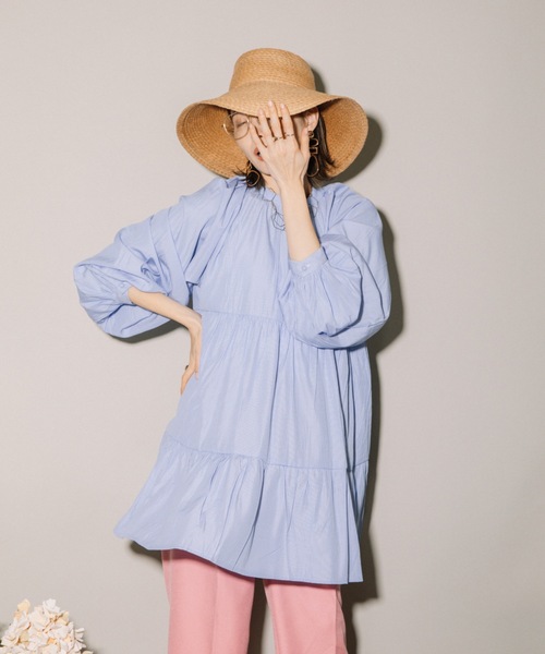 MHBG TOKYO（エムエイチビージートーキョー）の「先染めストライプボリュームスリーブティアードBL（シャツ/ブラウス・レディース・ネイビー/ライトブルー・MEDIUM）」の12枚目の写真