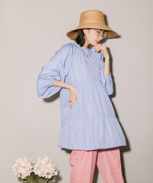 MHBG TOKYO（エムエイチビージートーキョー）の「先染めストライプボリュームスリーブティアードBL（シャツ/ブラウス・レディース・ネイビー/ライトブルー・MEDIUM）」の13枚目の写真