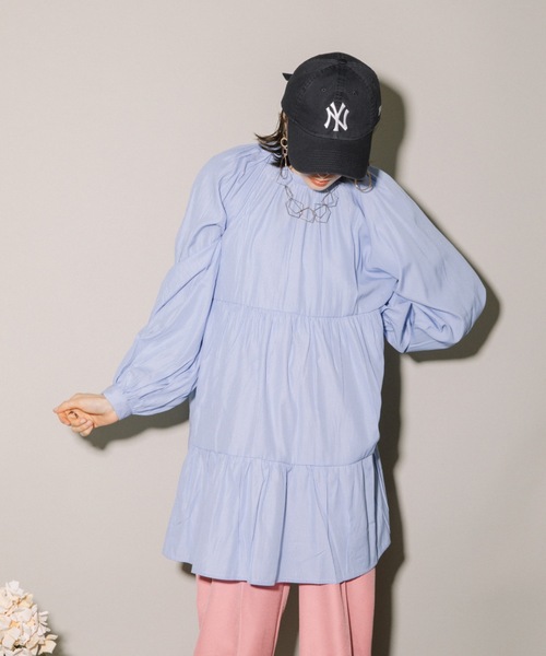 MHBG TOKYO（エムエイチビージートーキョー）の「先染めストライプボリュームスリーブティアードBL（シャツ/ブラウス・レディース・ネイビー/ライトブルー・MEDIUM）」の18枚目の写真