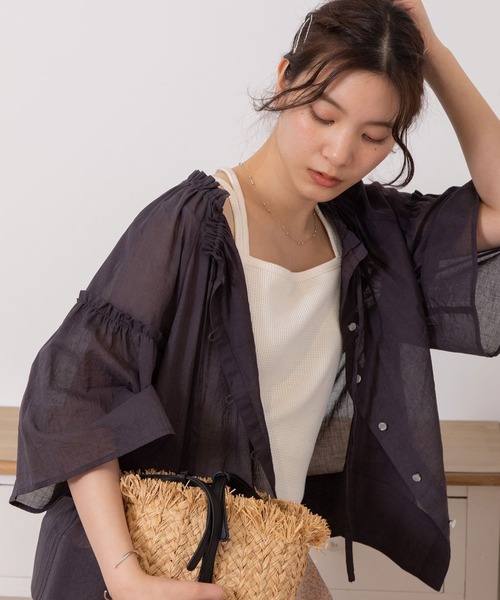 POU DOU DOU（プードゥドゥ）の「ダブルストラップキャミソール（キャミソール・レディース・ブラック/カーキ/オフホワイト/イエロー×グリーン・3）」の14枚目の写真