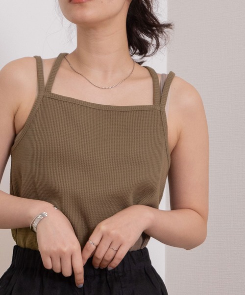 POU DOU DOU（プードゥドゥ）の「ダブルストラップキャミソール（キャミソール・レディース・ブラック/カーキ/オフホワイト/イエロー×グリーン・3）」の6枚目の写真