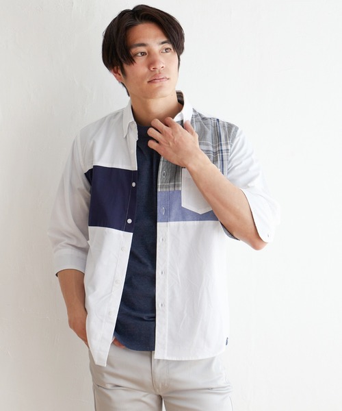 ikka（イッカ）の「７ブブロッキングキリカエシャツ（シャツ/ブラウス・メンズ・ホワイト/ネイビー/グレー・M/L/XL/S）」の2枚目の写真