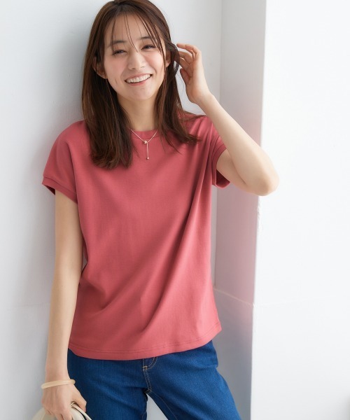 nissen（ニッセン）の「ＵＶカット綿１００％フライス素材フレンチスリーブＴシャツ（Tシャツ/カットソー・レディース・ブラック/オフホワイト/ブルー/グレイッシュベージュ/グリーン/ローズ/スモークピンク/オレンジ・L/S/LL/M）」の7枚目の写真