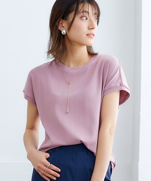 nissen（ニッセン）の「ＵＶカット綿１００％フライス素材フレンチスリーブＴシャツ（Tシャツ/カットソー・レディース・ブラック/オフホワイト/ブルー/グレイッシュベージュ/グリーン/ローズ/スモークピンク/オレンジ・L/S/LL/M）」の6枚目の写真
