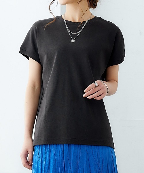 nissen（ニッセン）の「ＵＶカット綿１００％フライス素材フレンチスリーブＴシャツ（Tシャツ/カットソー・レディース・ブラック/オフホワイト/ブルー/グレイッシュベージュ/グリーン/ローズ/スモークピンク/オレンジ・L/S/LL/M）」の3枚目の写真
