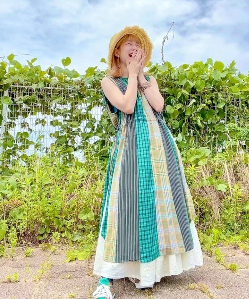 チャイハネ（チャイハネ）の「【チャイハネ】チェック＆ストライプノースリーブワンピース（ワンピース・レディース・イエロー/ブルー/グリーン・FREE）」の6枚目の写真