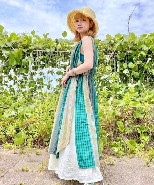 チャイハネ（チャイハネ）の「【チャイハネ】チェック＆ストライプノースリーブワンピース（ワンピース・レディース・イエロー/ブルー/グリーン・FREE）」の7枚目の写真