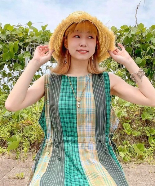 チャイハネ（チャイハネ）の「【チャイハネ】チェック＆ストライプノースリーブワンピース（ワンピース・レディース・イエロー/ブルー/グリーン・FREE）」の8枚目の写真