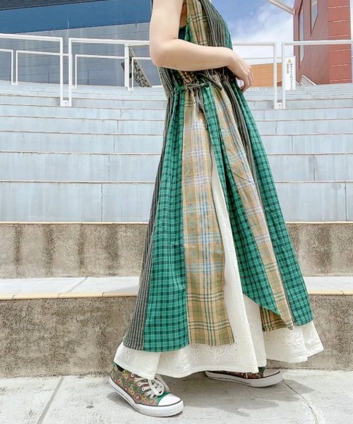 チャイハネ（チャイハネ）の「【チャイハネ】チェック＆ストライプノースリーブワンピース（ワンピース・レディース・イエロー/ブルー/グリーン・FREE）」の9枚目の写真