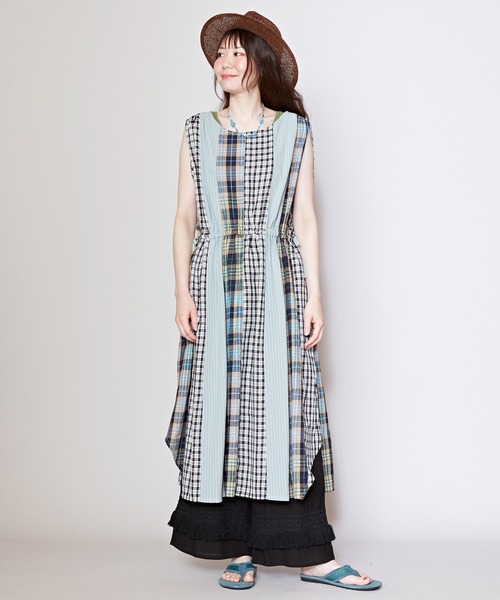 チャイハネ（チャイハネ）の「【チャイハネ】チェック＆ストライプノースリーブワンピース（ワンピース・レディース・イエロー/ブルー/グリーン・FREE）」の11枚目の写真