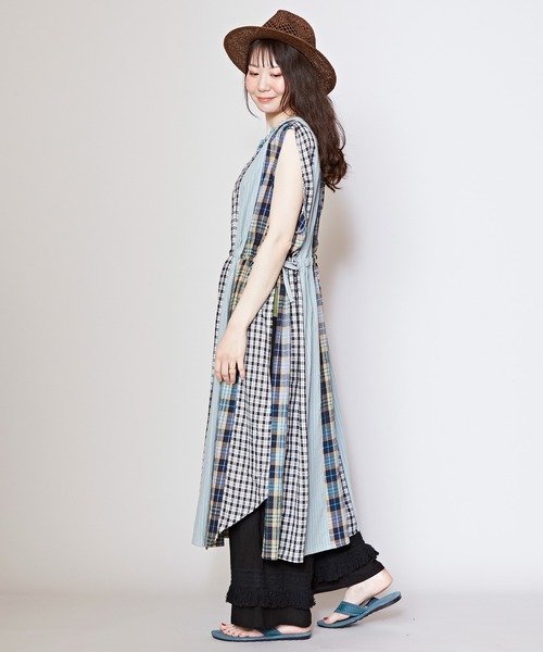 チャイハネ（チャイハネ）の「【チャイハネ】チェック＆ストライプノースリーブワンピース（ワンピース・レディース・イエロー/ブルー/グリーン・FREE）」の12枚目の写真