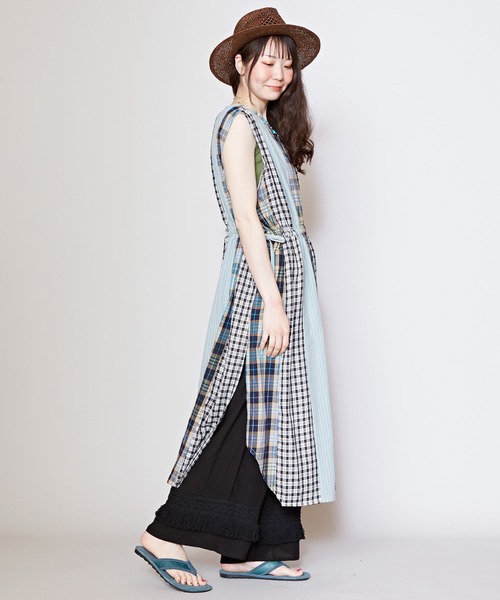 チャイハネ（チャイハネ）の「【チャイハネ】チェック＆ストライプノースリーブワンピース（ワンピース・レディース・イエロー/ブルー/グリーン・FREE）」の14枚目の写真