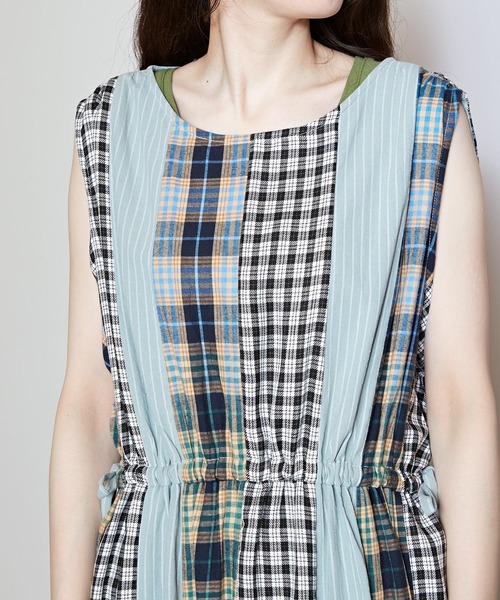 チャイハネ（チャイハネ）の「【チャイハネ】チェック＆ストライプノースリーブワンピース（ワンピース・レディース・イエロー/ブルー/グリーン・FREE）」の16枚目の写真