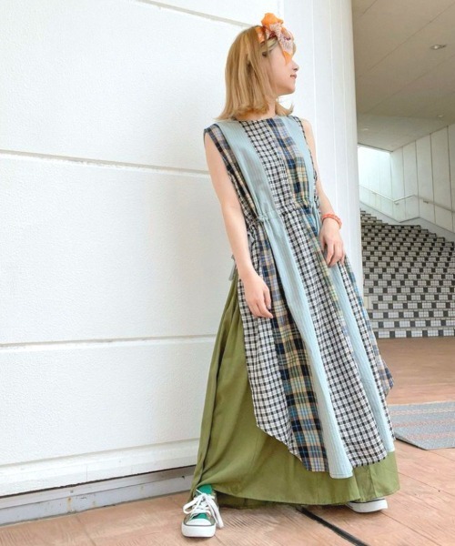 チャイハネ（チャイハネ）の「【チャイハネ】チェック＆ストライプノースリーブワンピース（ワンピース・レディース・イエロー/ブルー/グリーン・FREE）」の19枚目の写真