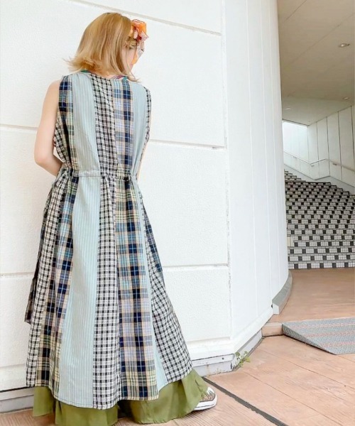 チャイハネ（チャイハネ）の「【チャイハネ】チェック＆ストライプノースリーブワンピース（ワンピース・レディース・イエロー/ブルー/グリーン・FREE）」の20枚目の写真