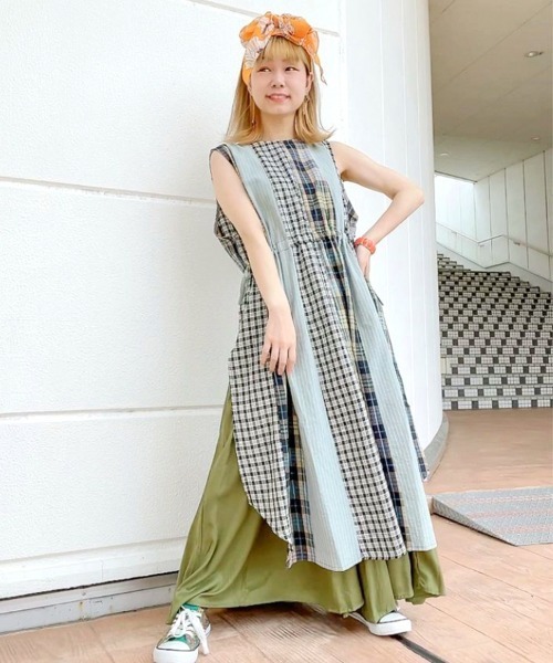 チャイハネ（チャイハネ）の「【チャイハネ】チェック＆ストライプノースリーブワンピース（ワンピース・レディース・イエロー/ブルー/グリーン・FREE）」の18枚目の写真