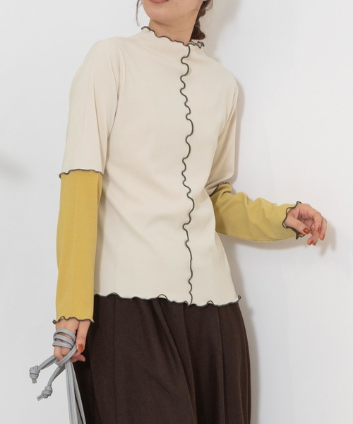 POU DOU DOU（プードゥドゥ）の「バイカラーアーム テレコトップス（Tシャツ/カットソー・レディース・ピンク/アイボリー/ブラウン/ブラック・3）」の2枚目の写真