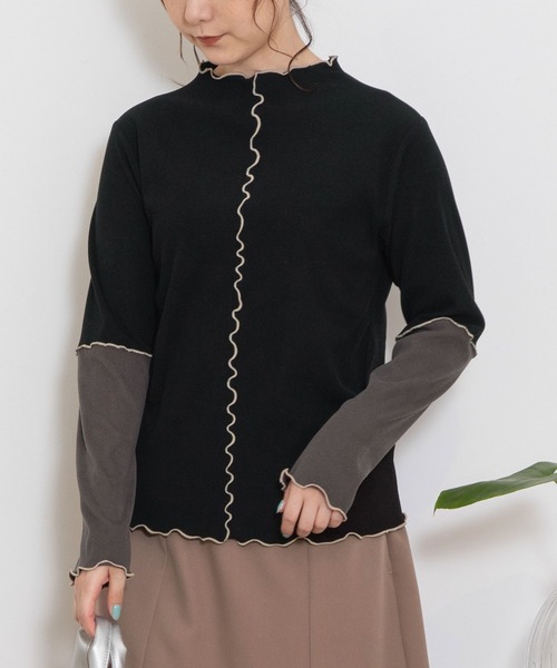 POU DOU DOU（プードゥドゥ）の「バイカラーアーム テレコトップス（Tシャツ/カットソー・レディース・ピンク/アイボリー/ブラウン/ブラック・3）」の3枚目の写真