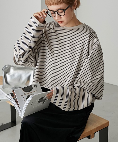 forksy.(フォルクシー)の「【forksy.】ボーダーレイヤードロンT(Tシャツ/カットソー・レディース・ベージュ/カーキ/チャコールグレー・FREE)」の2枚目の写真