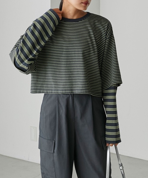 forksy.(フォルクシー)の「【forksy.】ボーダーレイヤードロンT(Tシャツ/カットソー・レディース・ベージュ/カーキ/チャコールグレー・FREE)」の21枚目の写真