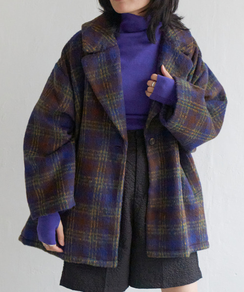 VENCEEXCHANGE（ヴァンスエクスチェンジ）の「シャギーチェックミドル丈ジャケット（テーラードジャケット・レディース・イエロー/オレンジ/ブラウン系・FREE）」の2枚目の写真