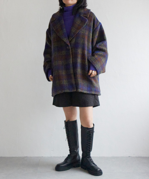 VENCEEXCHANGE（ヴァンスエクスチェンジ）の「シャギーチェックミドル丈ジャケット（テーラードジャケット・レディース・イエロー/オレンジ/ブラウン系・FREE）」の5枚目の写真