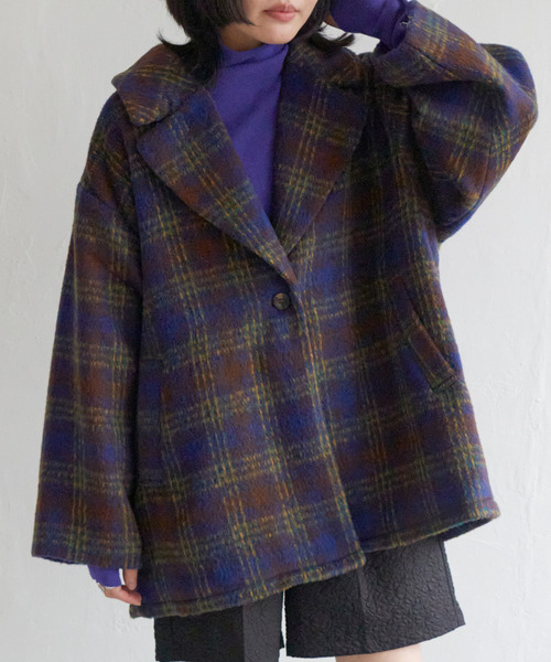 VENCEEXCHANGE（ヴァンスエクスチェンジ）の「シャギーチェックミドル丈ジャケット（テーラードジャケット・レディース・イエロー/オレンジ/ブラウン系・FREE）」の6枚目の写真