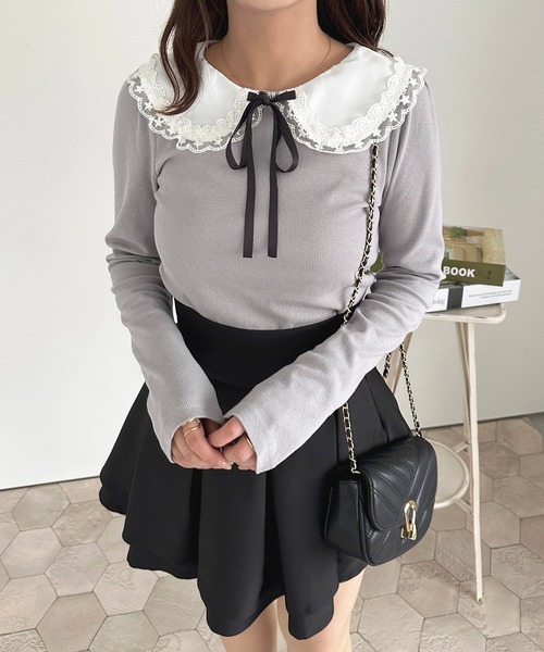 apres jour(アプレジュール)の「レース配色襟トップス【ZOZOTOWN限定アイテム】(Tシャツ/カットソー・レディース・オフホワイト/ブルー系その他/ブラック・X-LARGE/フリー)」の7枚目の写真
