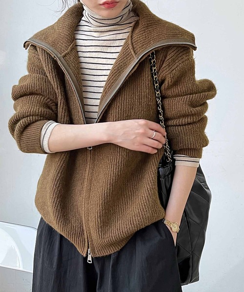 OSYAREVO(オシャレボ)の「フロントジップ リブニット トップス(ニット/セーター・レディース・ダークオリーブ/ブラウン/オフホワイト・FREE)」の13枚目の写真