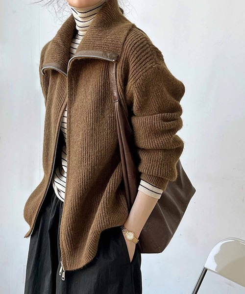 OSYAREVO(オシャレボ)の「フロントジップ リブニット トップス(ニット/セーター・レディース・ダークオリーブ/ブラウン/オフホワイト・FREE)」の14枚目の写真