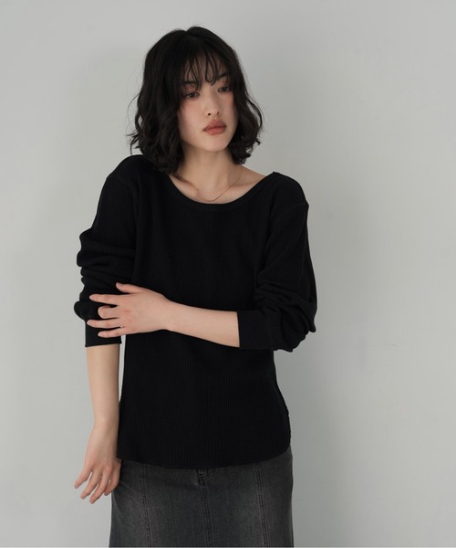 セール】バックオープン ロング Tシャツ 長袖 カットソー ワッフル