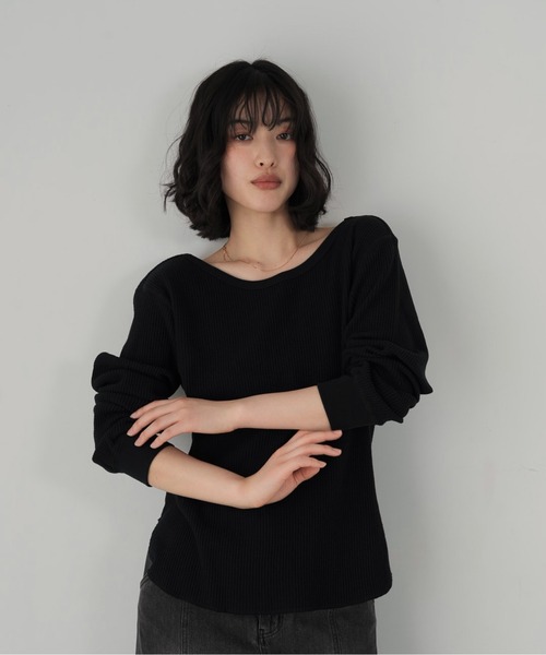 セール】バックオープン ロング Tシャツ 長袖 カットソー ワッフル