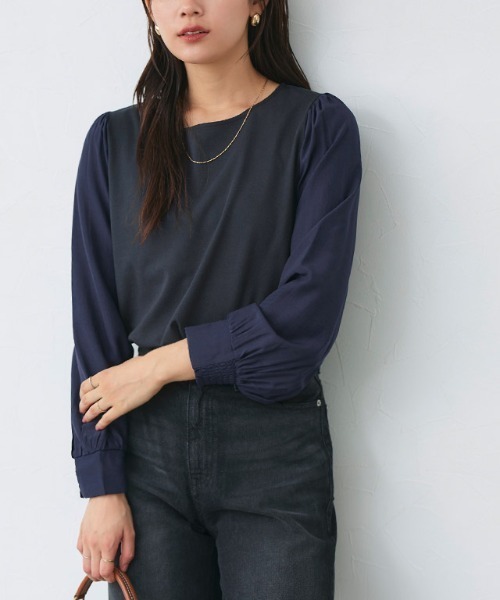 Pierrot(ピエロ)の「【イージーケア】ドッキングスリーブカットソー(Tシャツ/カットソー・レディース・ブラック/ネイビー/オフホワイト・M/L)」の3枚目の写真