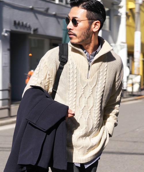 jiggys shop(ジギーズショップ)の「フィッシャーマンケーブルスタンドハーフZIPニット(ニット/セーター・メンズ・オフホワイト/ブルーグレー/ブラック・MEDIUM/LARGE)」の1枚目の写真