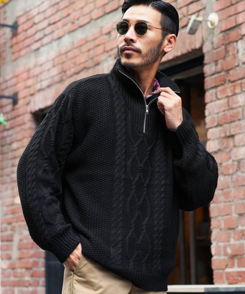 jiggys shop(ジギーズショップ)の「フィッシャーマンケーブルスタンドハーフZIPニット(ニット/セーター・メンズ・オフホワイト/ブルーグレー/ブラック・MEDIUM/LARGE)」の2枚目の写真