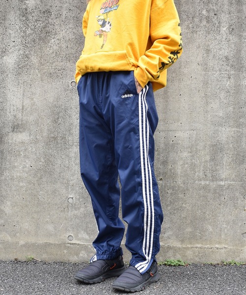 90s adidas アディダス　ナイロンパンツ　トレフォイル　ネイビー　刺繍 90s adidasアディダス トレフォイル ロゴ刺繍 トラックパンツ 紺×水色
