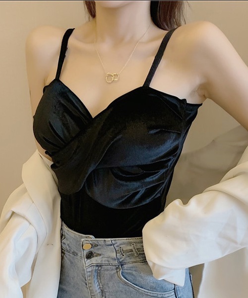 Lace Ladies(レースレディース)の「フロントクロス ベルベット カップ付き Vネック キャミソール(キャミソール・レディース・ブルーグレー/ブラック/ブラウン/ベージュ・FREE)」の8枚目の写真