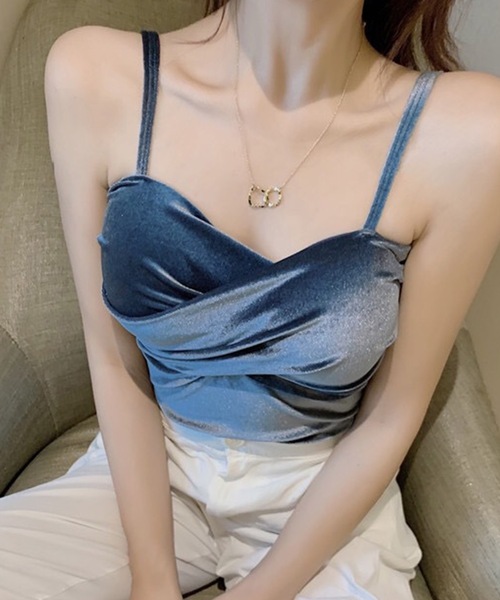 Lace Ladies(レースレディース)の「フロントクロス ベルベット カップ付き Vネック キャミソール(キャミソール・レディース・ブルーグレー/ブラック/ブラウン/ベージュ・FREE)」の9枚目の写真