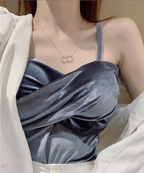 Lace Ladies(レースレディース)の「フロントクロス ベルベット カップ付き Vネック キャミソール(キャミソール・レディース・ブルーグレー/ブラック/ブラウン/ベージュ・FREE)」の11枚目の写真