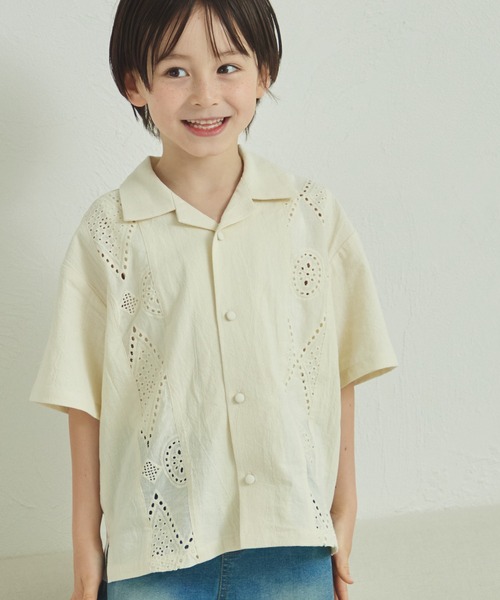 pairmanon(ペアマノン)の「【リンクコーデ】レースライン切り替え オープンカラーシャツ(シャツ/ブラウス・キッズ・アイボリー/モカ/ブラック・90/100/110/120/130/140/150)」の2枚目の写真