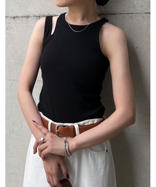 アジサイ　リブカップ付きタンクトップ、リブタンクトップ　おまとめ売り カップ付きアシメデザインタンク（タンクトップ）｜Re:EDIT