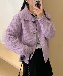 ビック襟ケーブルニットカーディガン