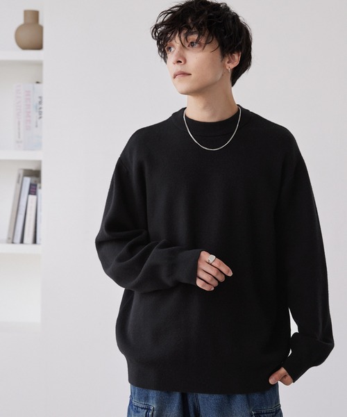 スウェットライクウォッシャブル ルーズセミモックネックニット