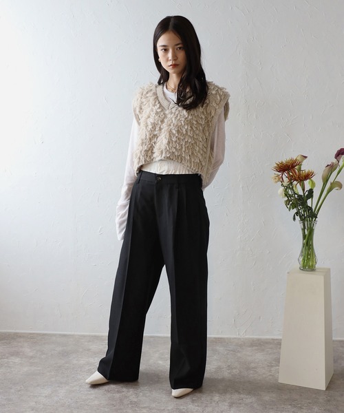 ENC(エンク)の「two tuck double waist pants / ツータックダブルウエストパンツ(その他パンツ・レディース・ブラック/ベージュ系その他・S/M)」の3枚目の写真