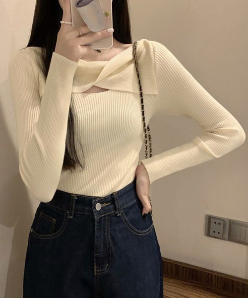Miniministore(ミニミニストア)の「ツイスト リブニットトップス レディース(ニット/セーター・レディース・ブラック/ベージュ/ダークベージュ/ホワイト/ピンク・FREE)」の3枚目の写真