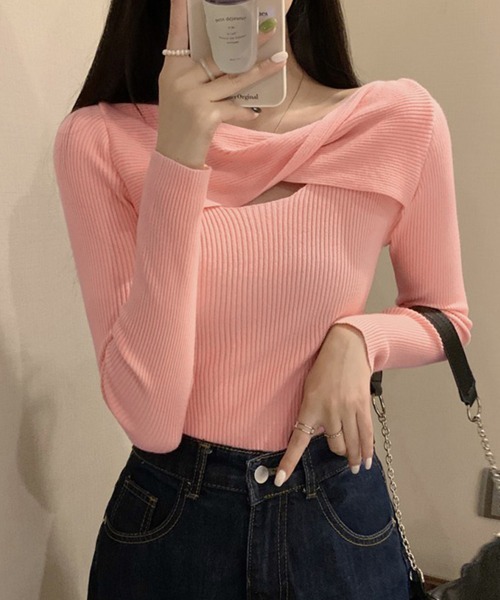 Miniministore(ミニミニストア)の「ツイスト リブニットトップス レディース(ニット/セーター・レディース・ブラック/ベージュ/ダークベージュ/ホワイト/ピンク・FREE)」の5枚目の写真