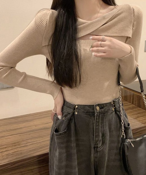Miniministore(ミニミニストア)の「ツイスト リブニットトップス レディース(ニット/セーター・レディース・ブラック/ベージュ/ダークベージュ/ホワイト/ピンク・FREE)」の4枚目の写真